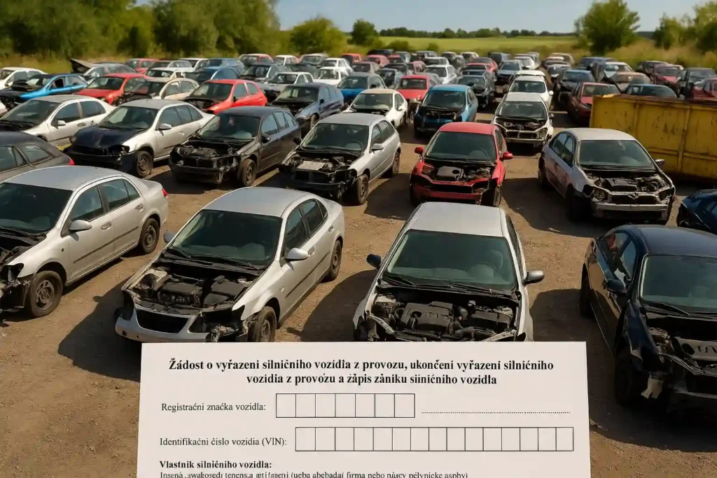 Po předání těchto vozidel na autovrakovišti bylo nutné dokončit administrativní proces a provést vyřazení vozidla z evidence. Na obrázku je kromě vozidel i formulář na vyřazení vozidla z evidence. SPZ služby vše na registru vozidel zařídí.