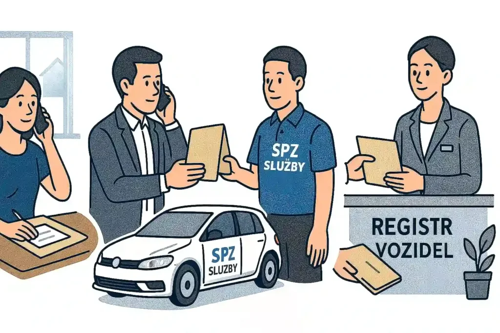 Na obrázku je znázorněn jak fungují SPZ služby. Zavoláte, předáte dokumentyspz služby zajedou na registr vozidel, vyřídí přepis a odvezou doklady zpět zákazníkovi.