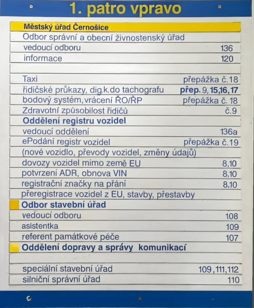 Registr vozidel Praha západ Černošice - přehled kanceláří úřadu
