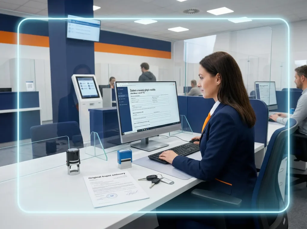 Nucený přepis vozidla - úřednice převzala dokumenty na nucený přepis od SPZ služby a teď je zpracovává