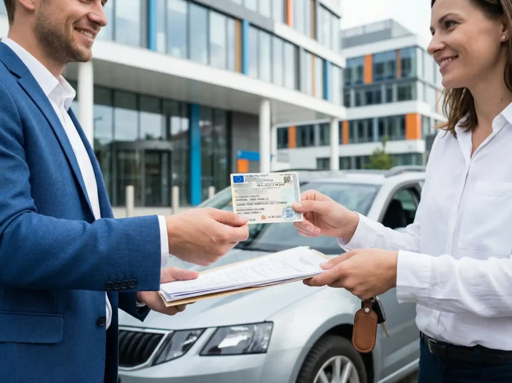 Přepis vozidla z AAA Auto - předání hotových dokladů před kancelářskou budovou SPZ služby