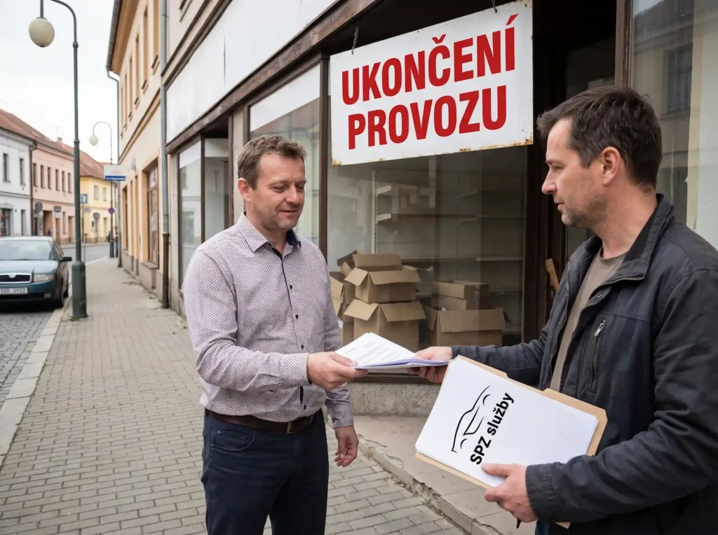 SPZ služby předávají doklady s přepsaným autem z IČ na rodné číslo pánovi před jeho provozovnou, která ukončila činnost