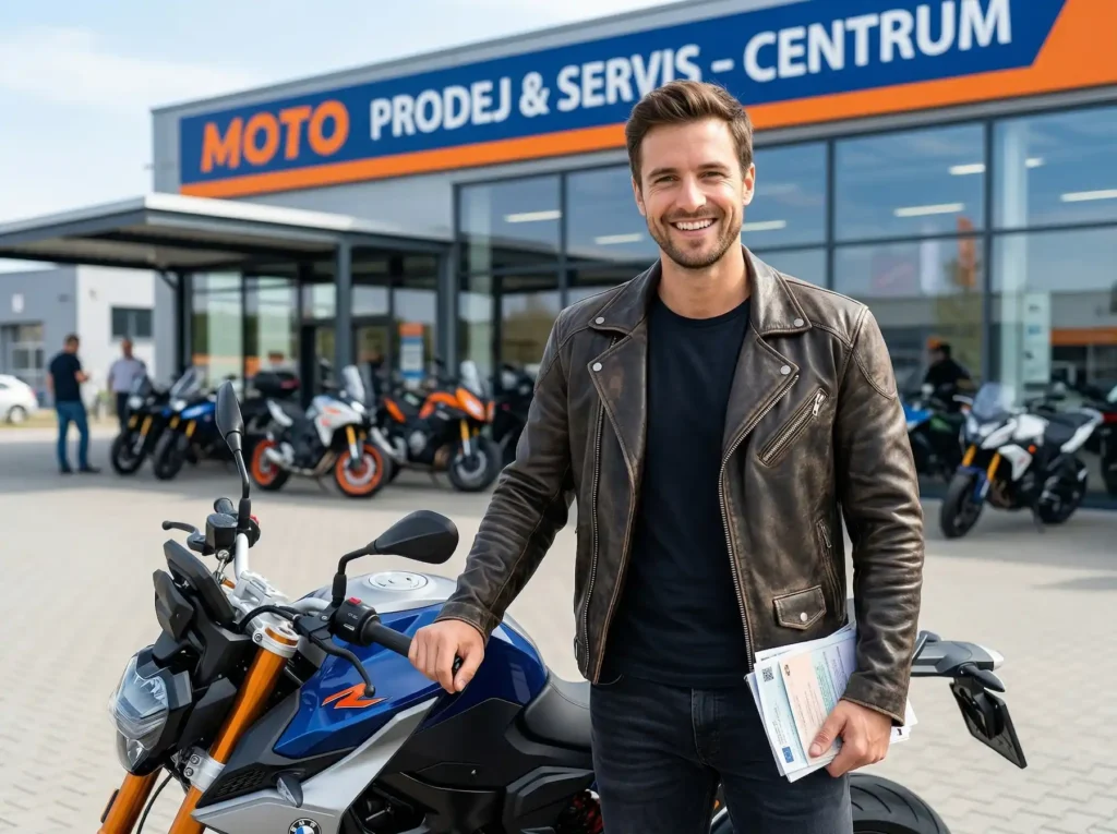 Přepis vozidla - motorky - pán převzal hotové doklady před motosalonem a bazarem od SPZ služby