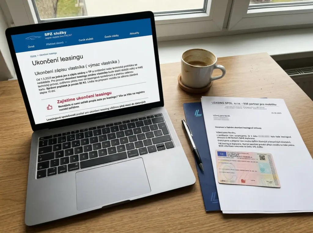 Zákazník potřebuje přepis auta po ukončení leasingu, přišel mu dopis který je na stole a na notebooku si našel službu ukončení leasingu s SPZ služby